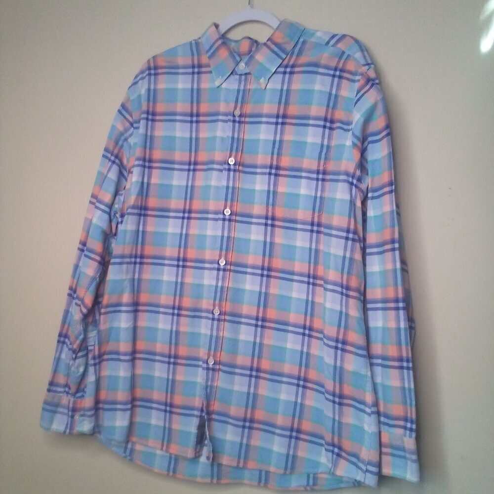 1888 Saddlebred Shirt XL Men Button Down Long Sleeve Plaid Blue Peach